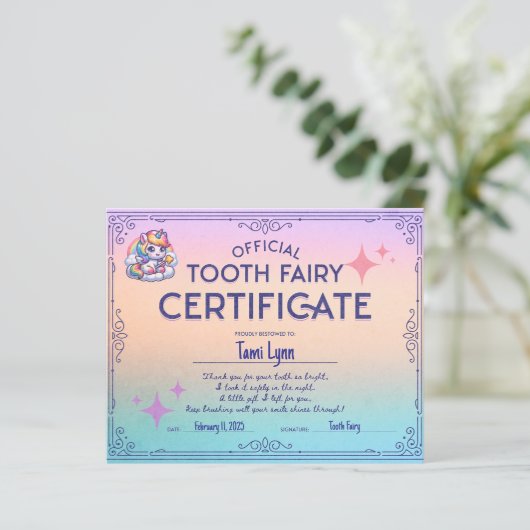 Verloren eerste tandenfee certificaat (Staand voorkant)