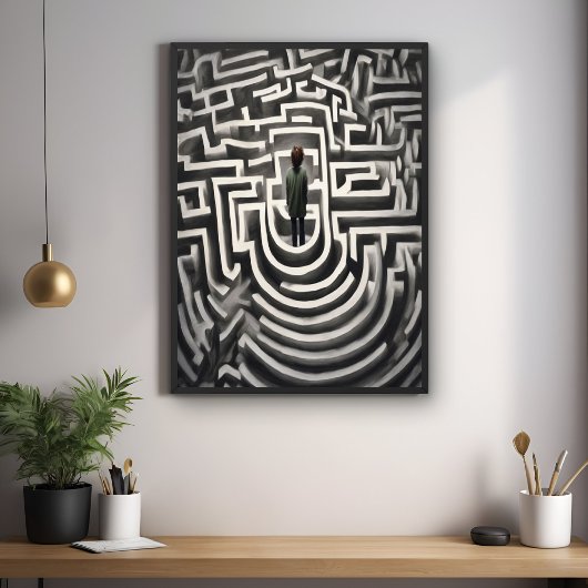 Verloren in het doolhof Abstracte zwart-wit kunst Poster