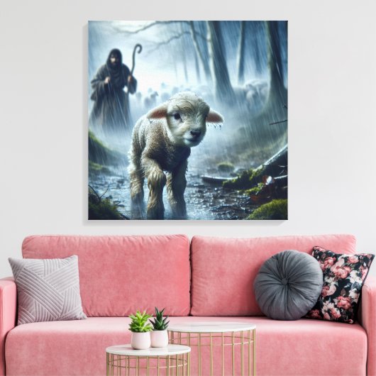 Verloren lam met herder in regenwoud canvas afdruk (Insitu (Woonkamer))