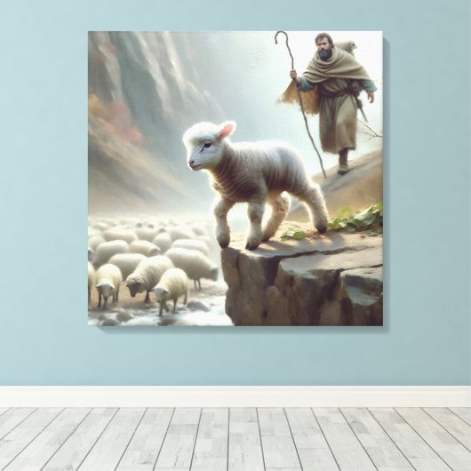 Verloren lam op berg klif canvas afdruk (Insitu (Houten vloer))