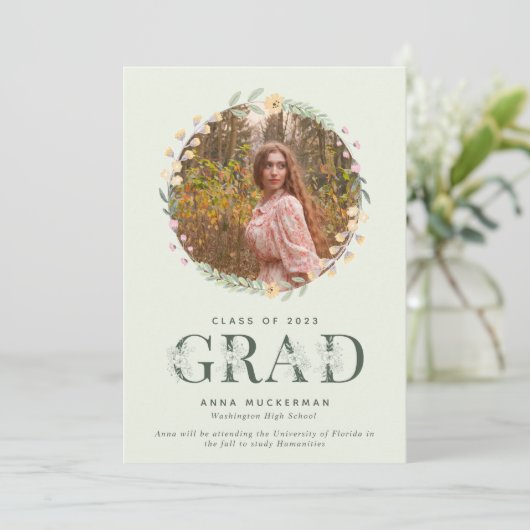 Verlovend Afstudeer Fotokaart met Wilde Bloemen Aankondiging (Staand voorkant)
