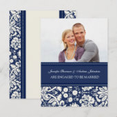 Verloving Aankondiging Foto Briefkaart Blue Damask (Voorkant / Achterkant)