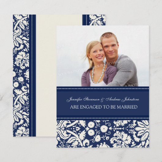Verloving Aankondiging Foto Briefkaart Blue Damask (Voorkant / Achterkant)