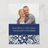 Verloving Aankondiging Foto Briefkaart Blue Damask (Voorkant)