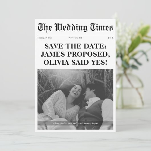  Verloving bruiloft krant stijl foto Save The Date (Staand voorkant)