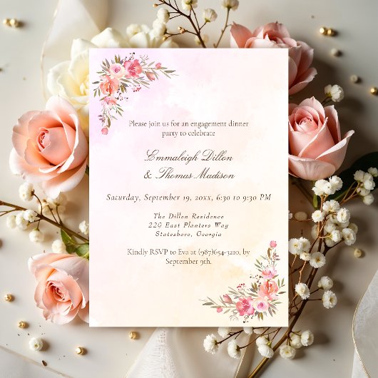 Verloving Dinner Party Koraal Waterverf Bloemen Kaart