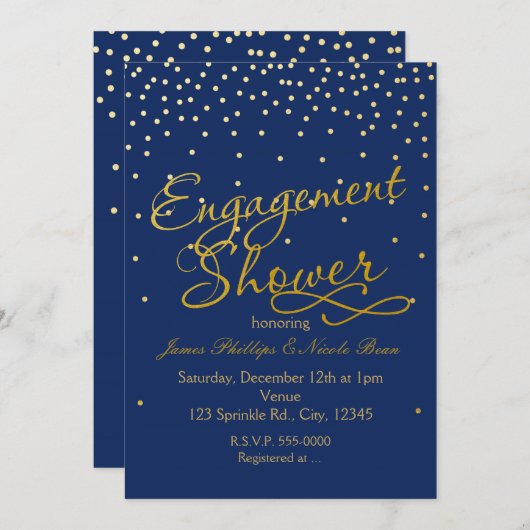 Verloving Douche Blauw & Gold Folie stippen Uitnod Kaart (Voorkant / Achterkant)