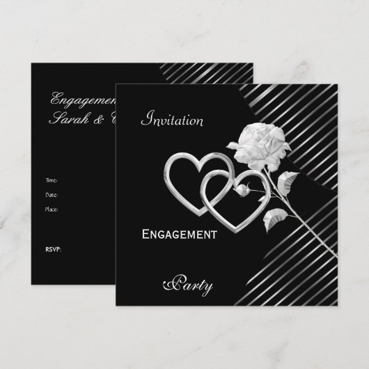 Verloving Elegant Stripe Black Silver Roos Kaart (Voorkant / Achterkant)