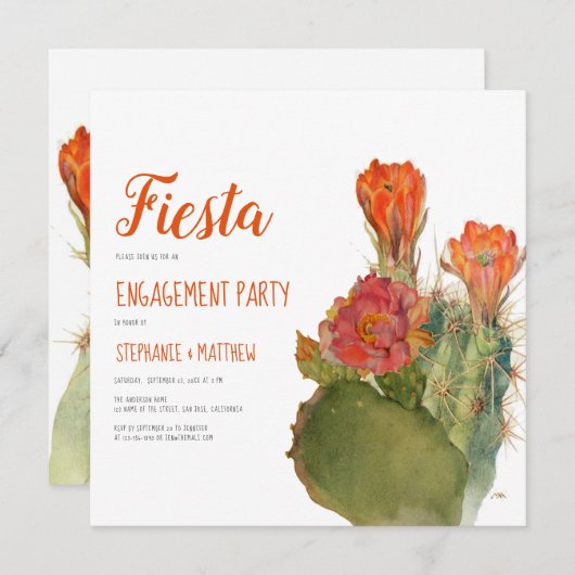 Verloving Fiesta Cactus Waterverf Floral Script Kaart (Voorkant / Achterkant)