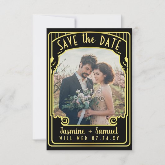Verloving Foto | Art Deco Wedding Black Gold Save The Date (Voorkant)