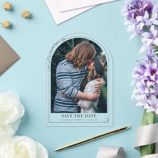 Verloving foto bruiloft bloemenboog Bewaar de datu Acryl Uitnodigingen (Insitu (Huwelijk))