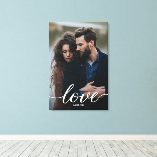 Verloving Foto met namen Portrait Love Script Canvas Afdruk (Insitu (Houten vloer))