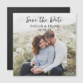 Verloving Foto Modern Brush Script Sla de datum op Magnetische Uitnodiging (Voorkant / Achterkant)