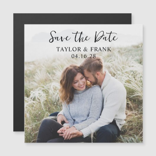 Verloving Foto Modern Brush Script Sla de datum op Magnetische Uitnodiging (Voorkant / Achterkant)