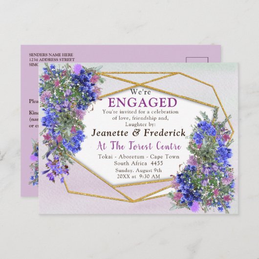 Verloving Geometrische goud- en lavender Flowers Uitnodiging Briefkaart (Voorkant / Achterkant)