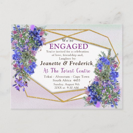 Verloving Geometrische goud- en lavender Flowers Uitnodiging Briefkaart (Voorkant)