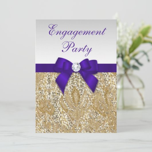 Verloving Gold Sequins Deep Royal Paars Bow Kaart (Staand voorkant)