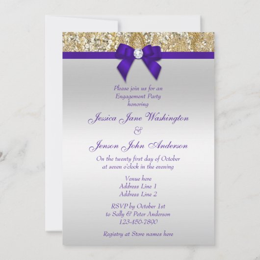 Verloving Gold Sequins Deep Royal Paars Bow Kaart (Achterkant)