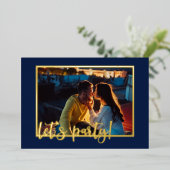 Verloving Laten we partijscript 4 Foto Blue Gold Folie Uitnodiging (Staand Voorkant)