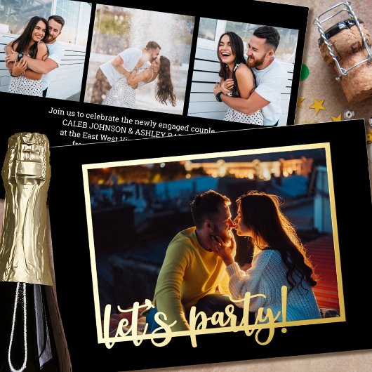 Verloving Let's Party Script 4 Foto Black Gold Folie Uitnodiging
