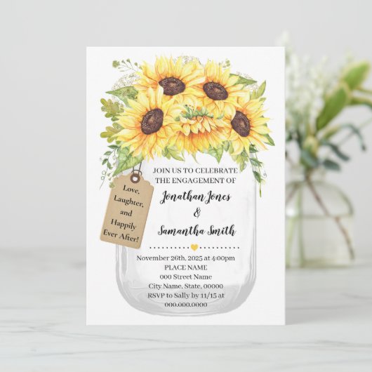 Verloving Mason jar sunflower country bruiloft Kaart (Staand voorkant)