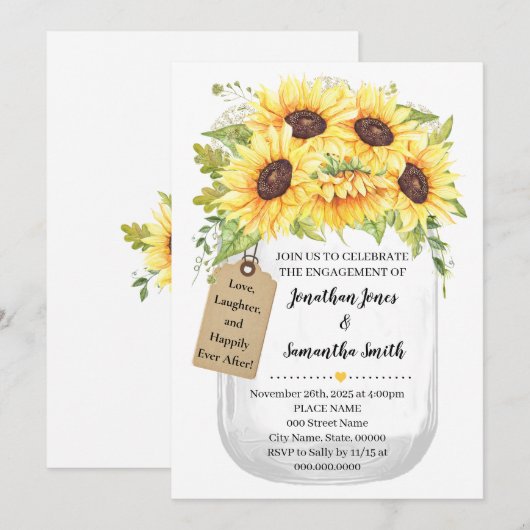 Verloving Mason jar sunflower country bruiloft Kaart (Voorkant / Achterkant)