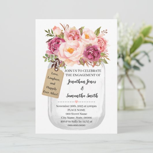 Verloving Mason potje bruiloft Roze bloemig Kaart (Staand voorkant)