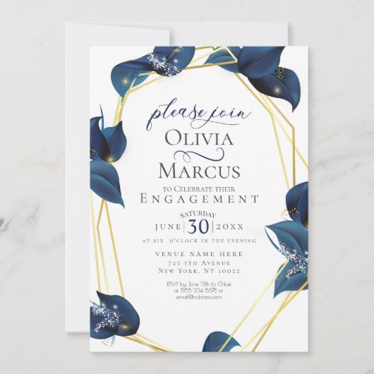Verloving Modern Deep Indigo Blue en Gold Kaart (Voorkant)