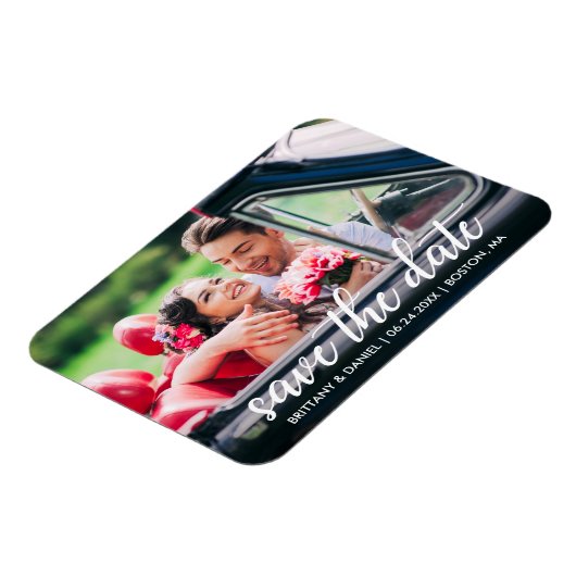 Verloving Modern Script De datumfoto opslaan Magneet (Linkerzijde)