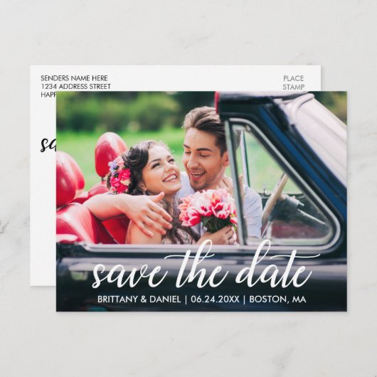 Verloving modern script slaat de datumfoto op briefkaart (Voorkant / Achterkant)