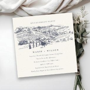 Verloving Navy Winery Mountain Sketch Invite Bedankkaart