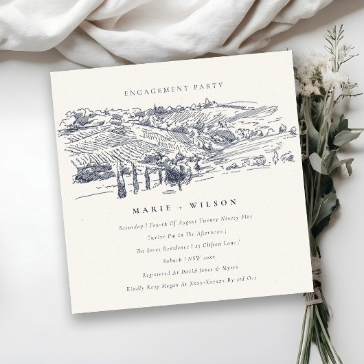 Verloving Navy Winery Mountain Sketch Invite Bedankkaart