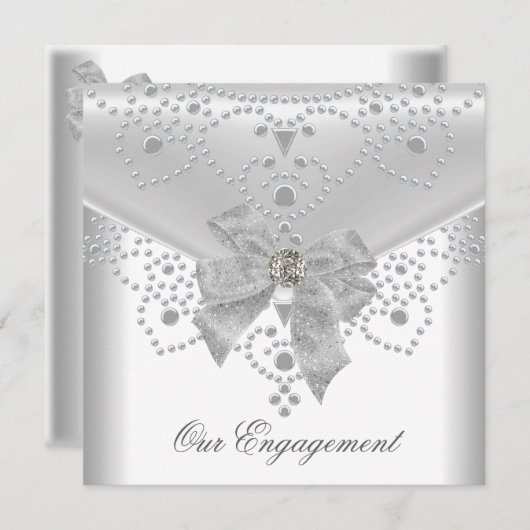 Verloving nodigt White Silver Overlay Bow Jewel ui Kaart (Voorkant / Achterkant)