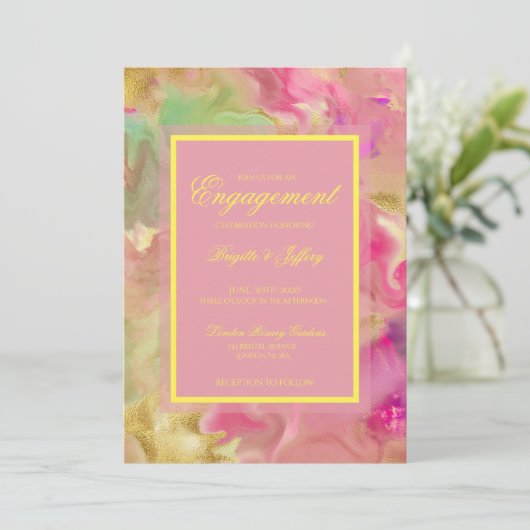 Verloving roze, goud & groen save the date (Staand voorkant)
