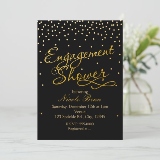 Verloving Shower Black & Gold Foil Dot Invitation Kaart (Staand voorkant)