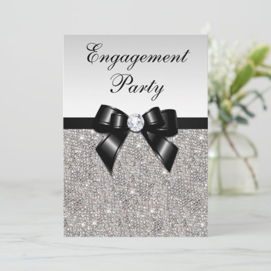 Verloving Silver Sequins Black Bow Kaart (Staand voorkant)