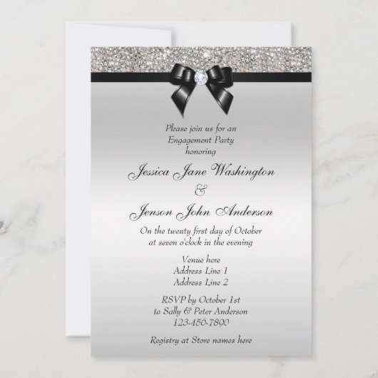 Verloving Silver Sequins Black Bow Kaart (Achterkant)