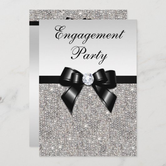 Verloving Silver Sequins Black Bow Kaart (Voorkant / Achterkant)