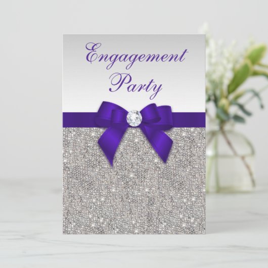 Verloving Silver Sequins Deep Royal Paarse Bow Kaart (Staand voorkant)