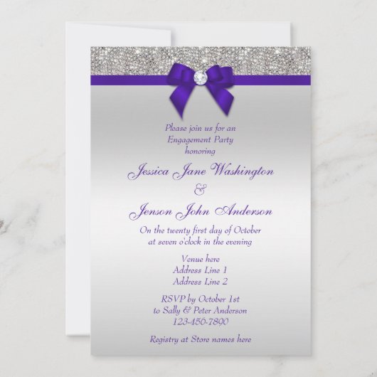 Verloving Silver Sequins Deep Royal Paarse Bow Kaart (Achterkant)