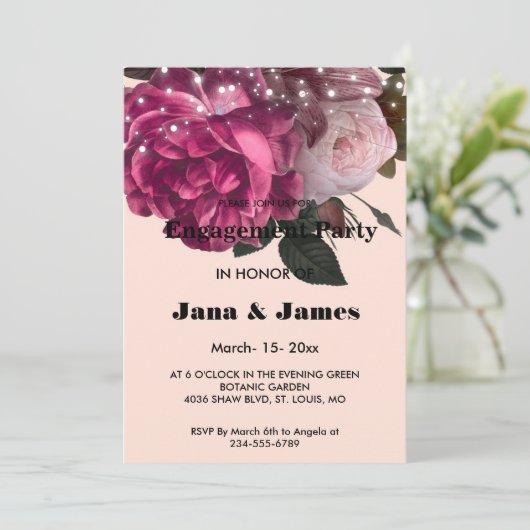 Verloving String Lights Burgundy Flowers Kaart (Staand voorkant)