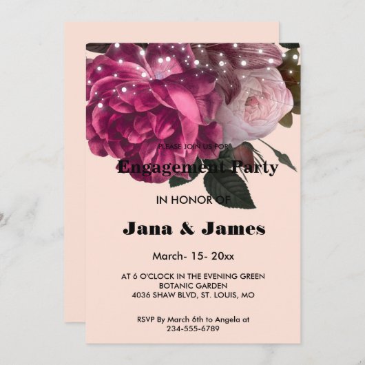 Verloving String Lights Burgundy Flowers Kaart (Voorkant / Achterkant)