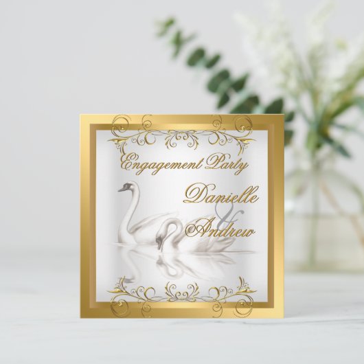 Verloving Swans Gold White Elegant Party Kaart (Staand voorkant)