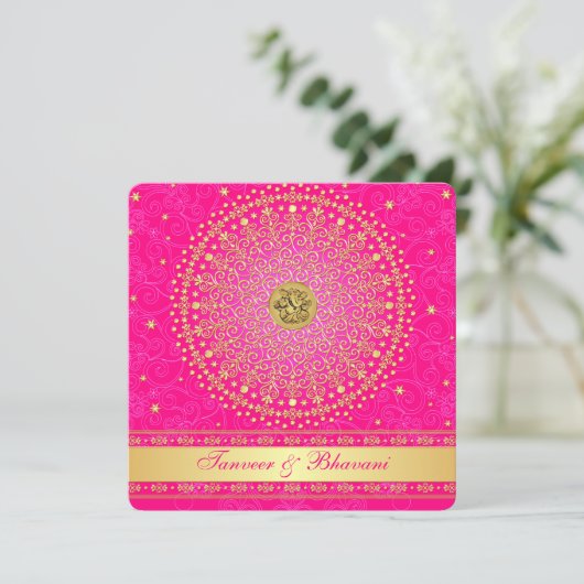 Verloving Uitnodiging | Ganesh Pink Gold Scroll (Staand voorkant)