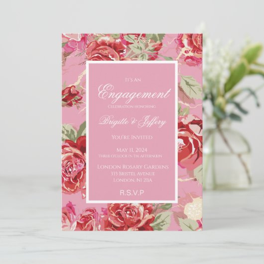 Verloving-uitnodiging voor rode rozen aankondiging (Staand voorkant)