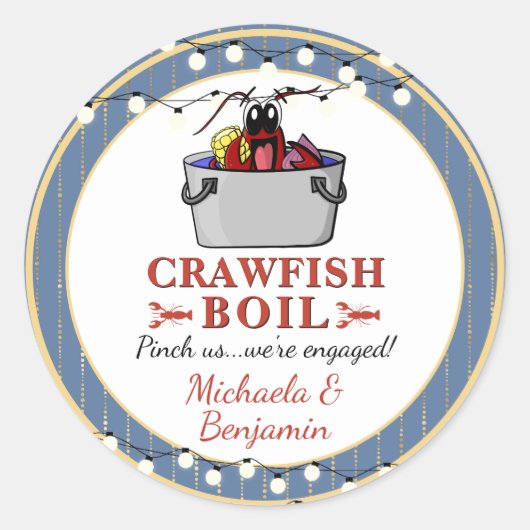 Verloving van Crawfish Seafood Boil Blue Gold Part Ronde Sticker (Voorkant)