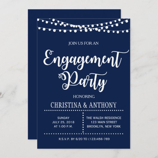 Verloving van Navy Blue String Lights Kaart (Voorkant / Achterkant)