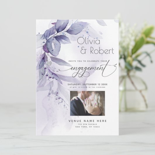 Verloving | Waterverf Dusty Plum Violet Foliage Kaart (Staand voorkant)