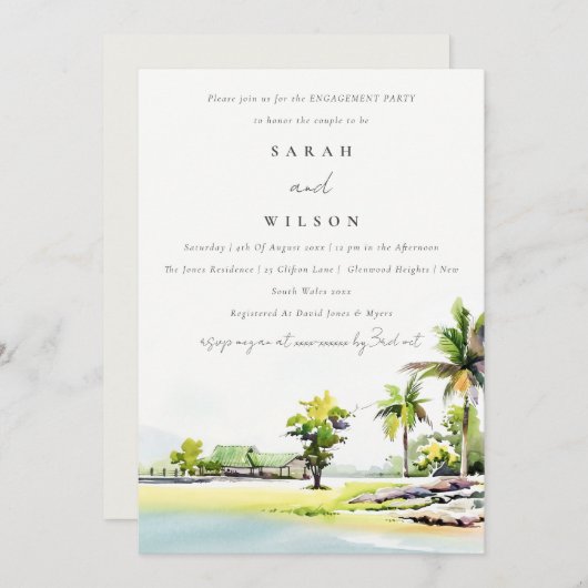 Verloving Waterverf kustpalm uitnodigen Bedankkaart (Voorkant / Achterkant)