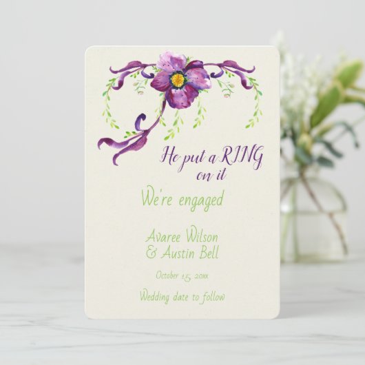 Verloving Waterverf Paarse Floral Card Kaart (Staand voorkant)